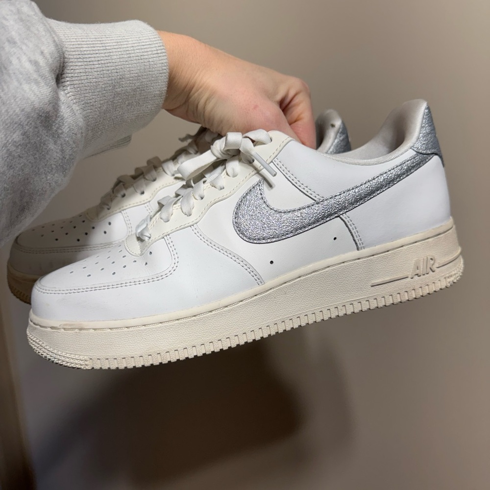 Nike Air Force 1 White and Silver Sneakers